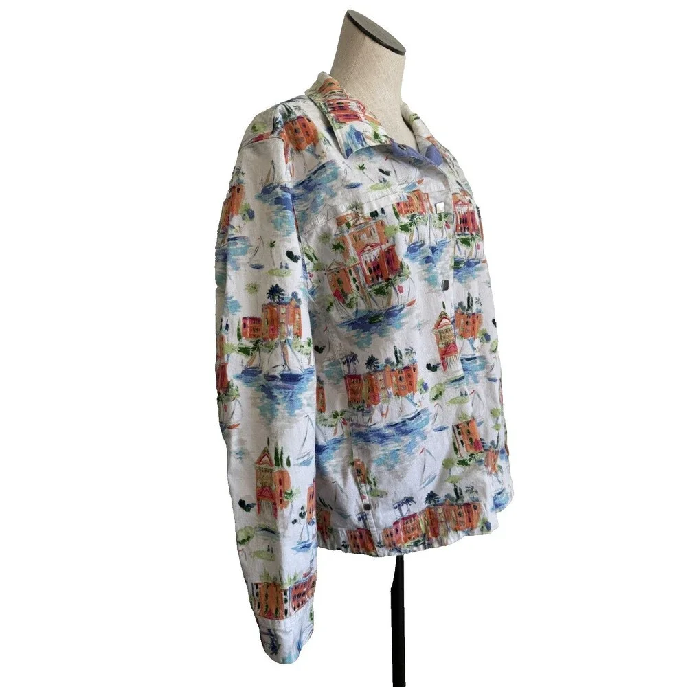 VTG CJ Banks Jacket Womens Size 2X Stretch Snap Button Artsy City White Print